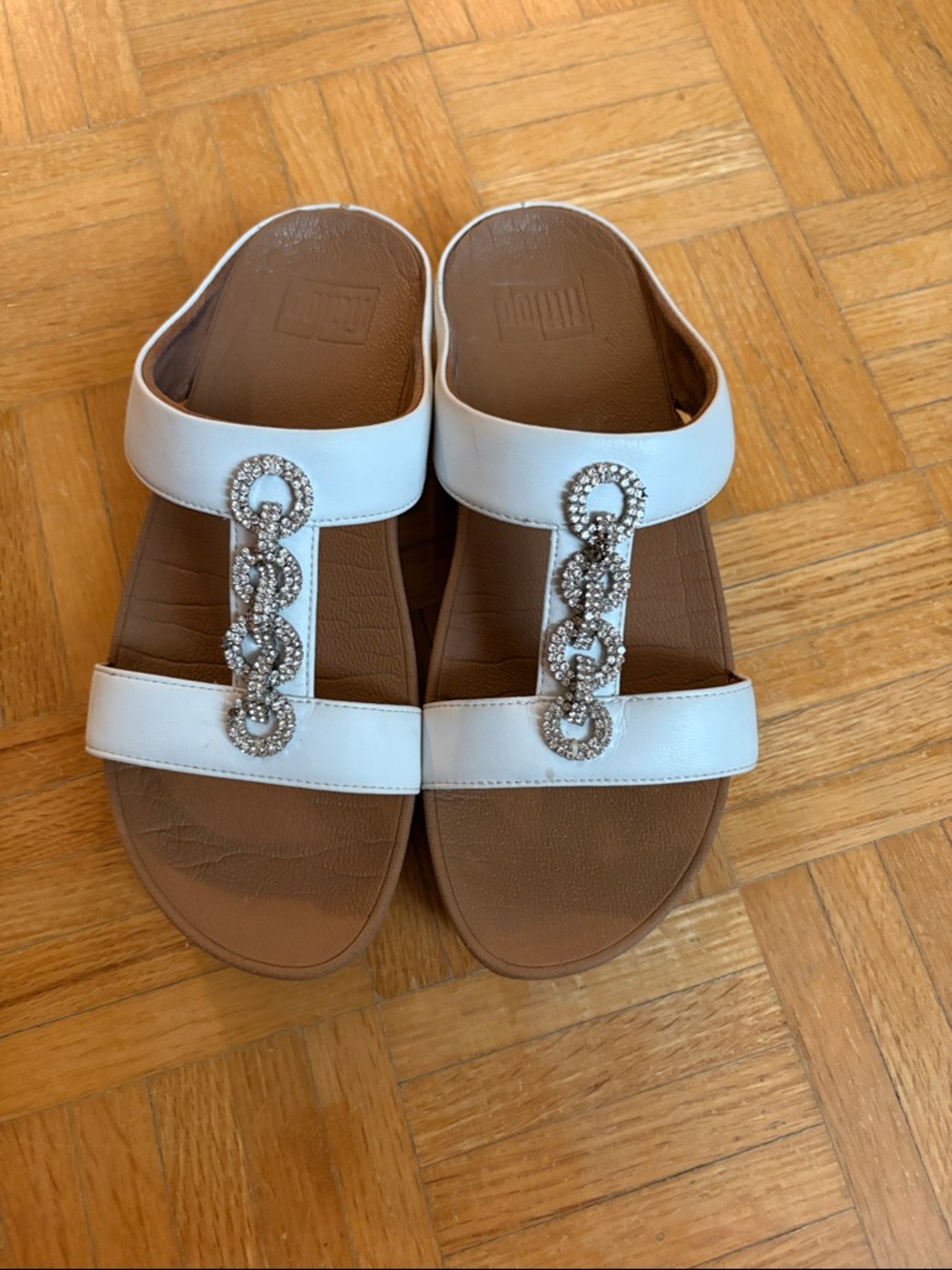 Women’s White Slide Sandals with Crystal Accent
